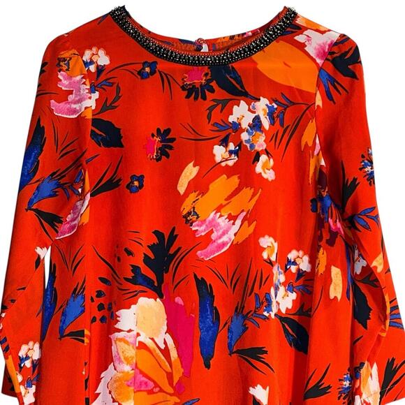 Maeve Anthropologie Red Floral Beaded Neckline Shift Dress Size XS - Picture 2 of 9